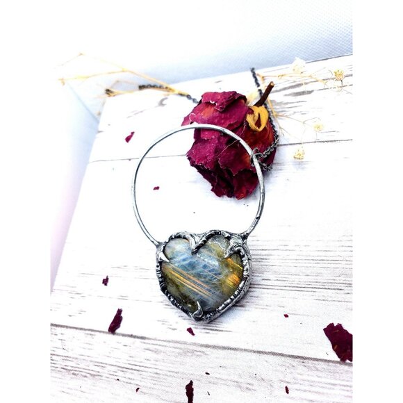 Labradorite Heart Crystal Necklace Handmade Gothic Fantasy Metalwork - Picture 2 of 12